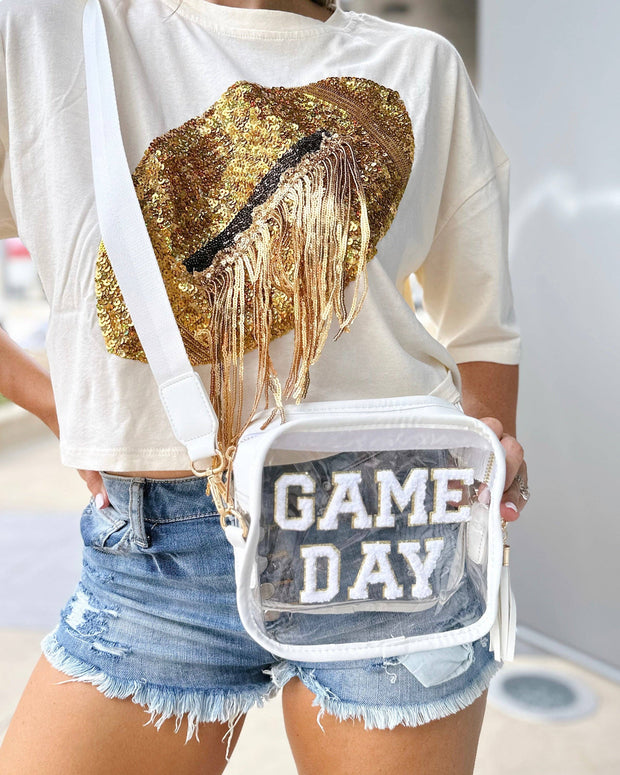 Live Love Gameday® - White GAME DAY Chenille-Patch Stadium-Approved Clear Purse