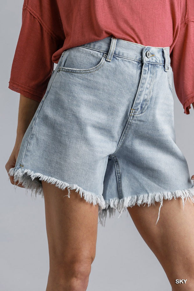 High Rise Denim Shorts with Raw Hem