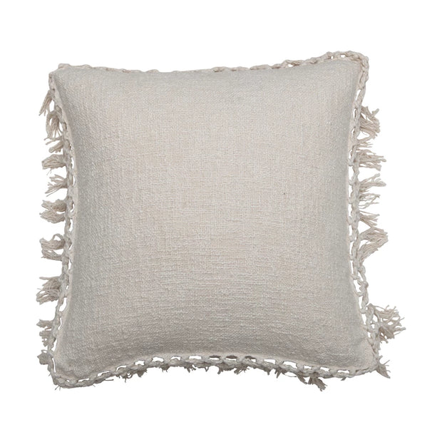 Square Cotton Slub Pillow with Crochet and Fringe